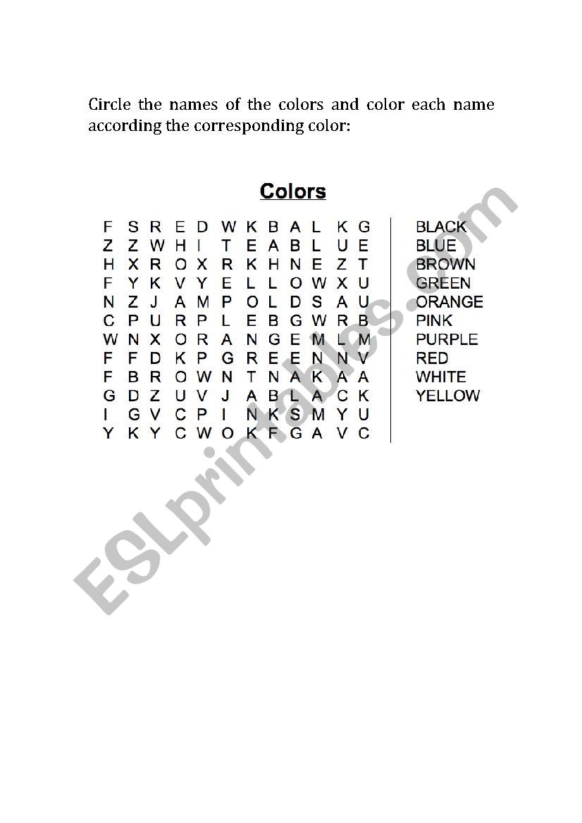 Wordsearch colors worksheet
