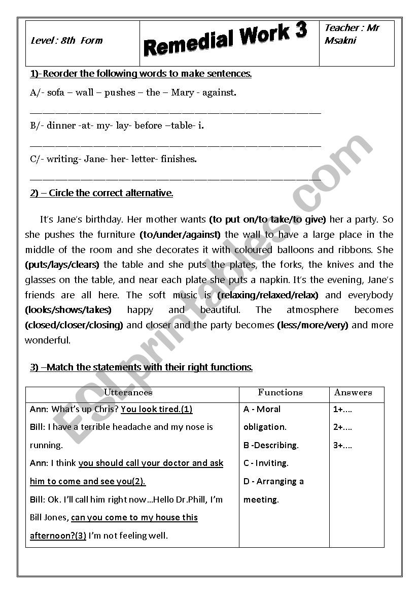remedial work 8th form worksheet