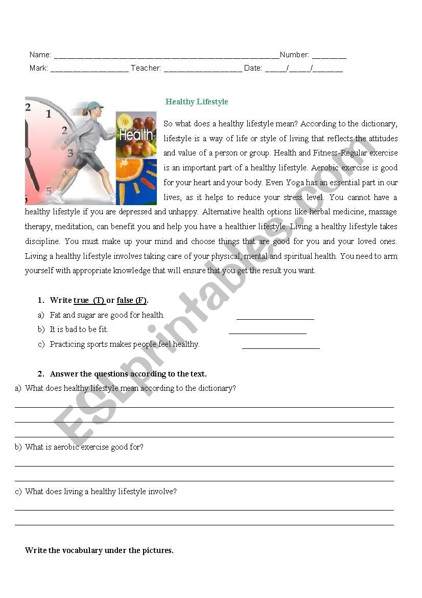 Healthy lifestyle worksheet