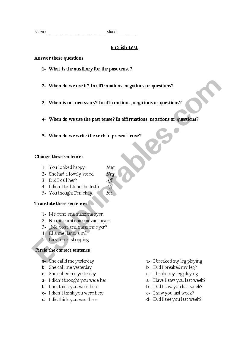 Simple Past Test worksheet