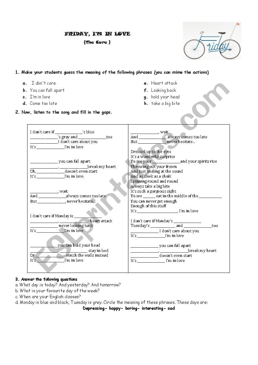 Days of the week (song worksheet)