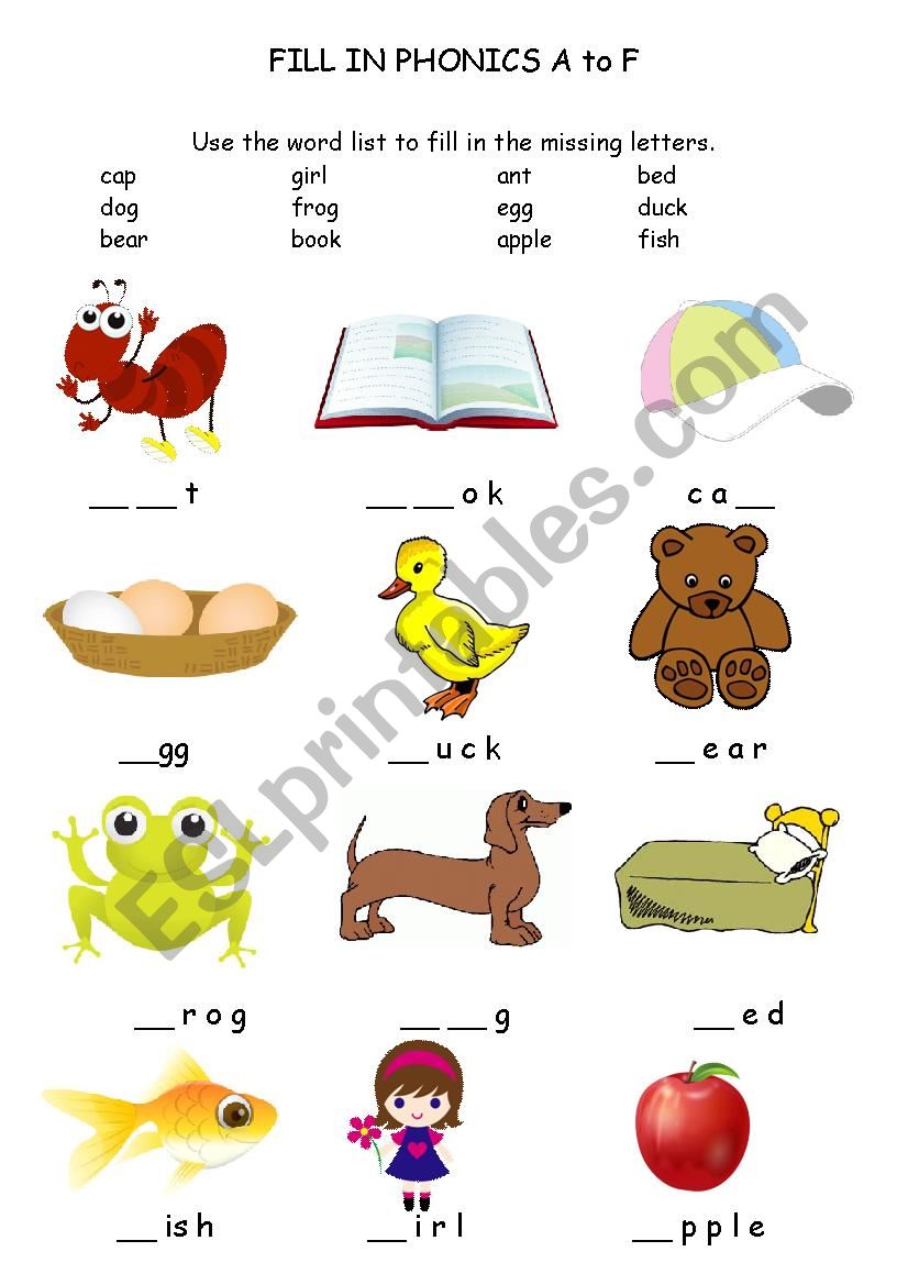 Phonics Fill In A-G worksheet
