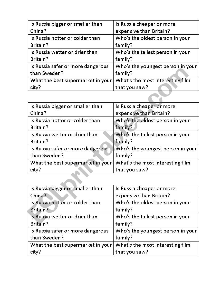 Questions for comparison worksheet