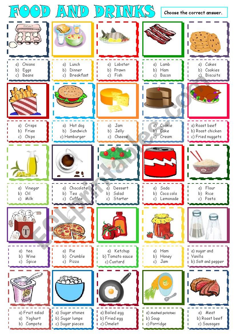 Food , drinks and groceries:multiple choice activity