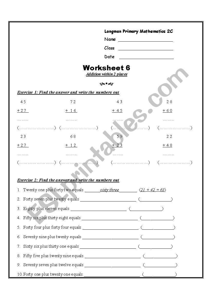 Addition within 2 places worksheet