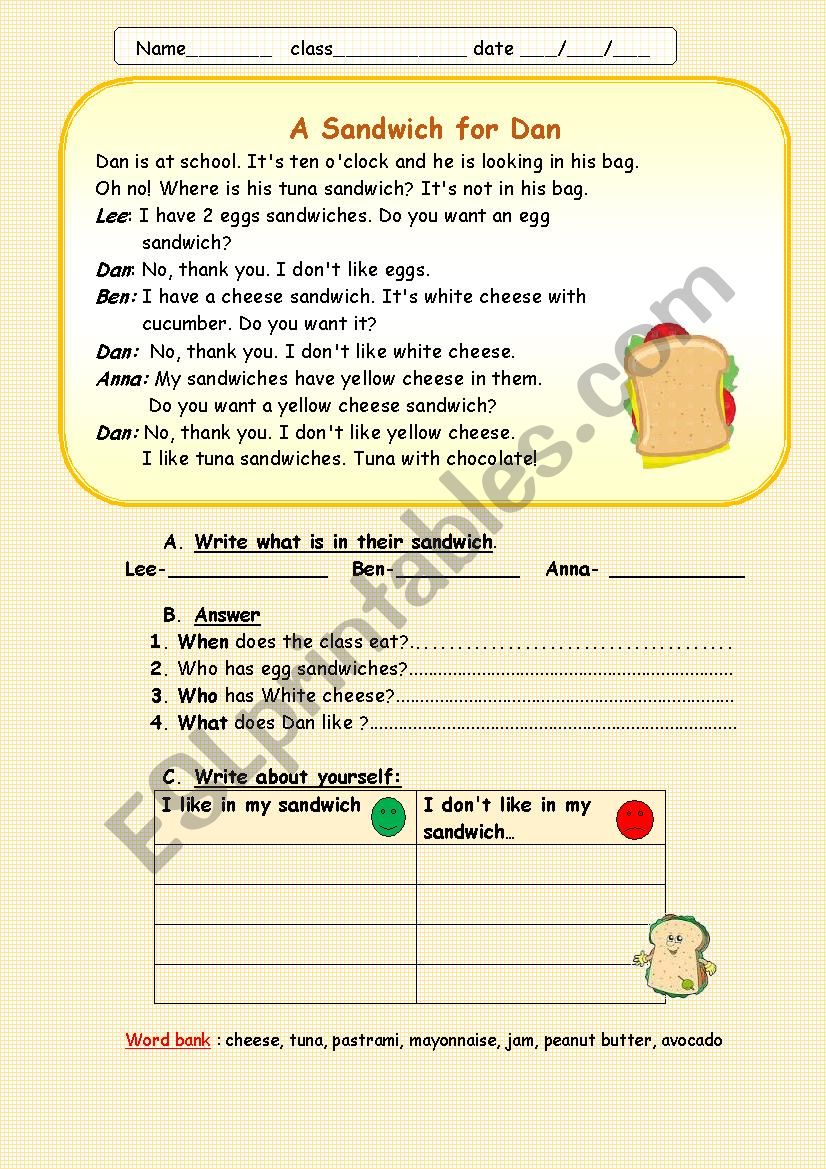 A sandwich for Dan- story worksheet