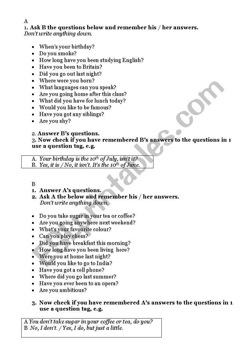 Tag questions worksheet