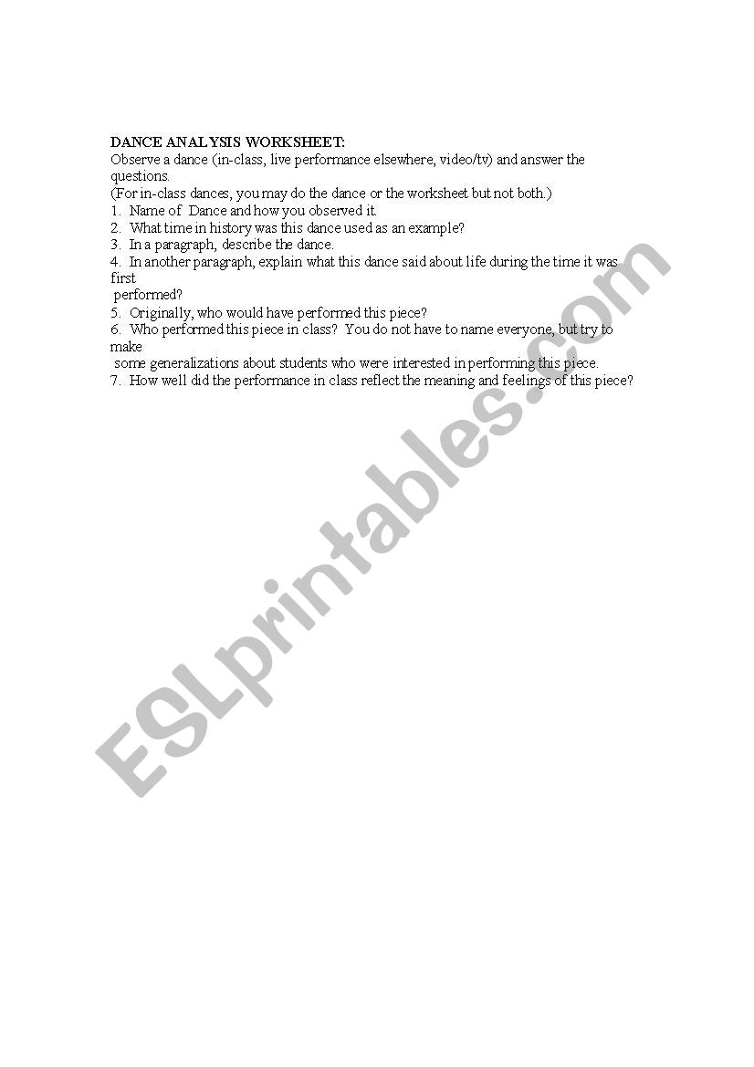 dance Analysis worksheet worksheet
