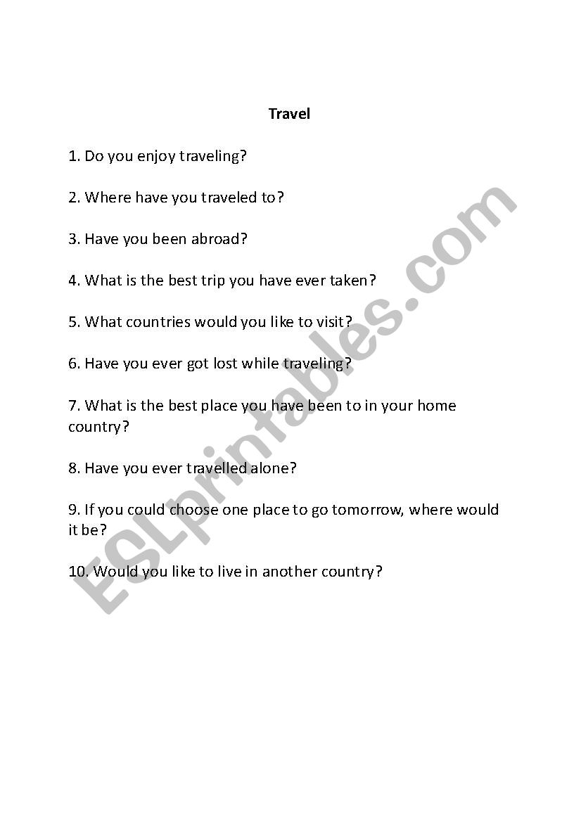 Travel questions worksheet