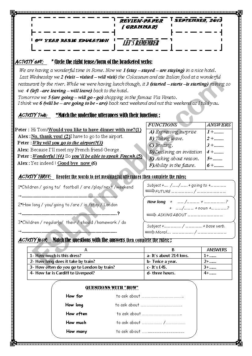 9TH YEAR EVALUATION PAPERS ( GRAMMAR )