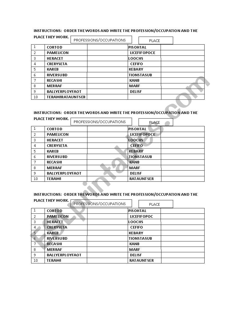 PROFESSIONS AND OCCUPATIONS worksheet