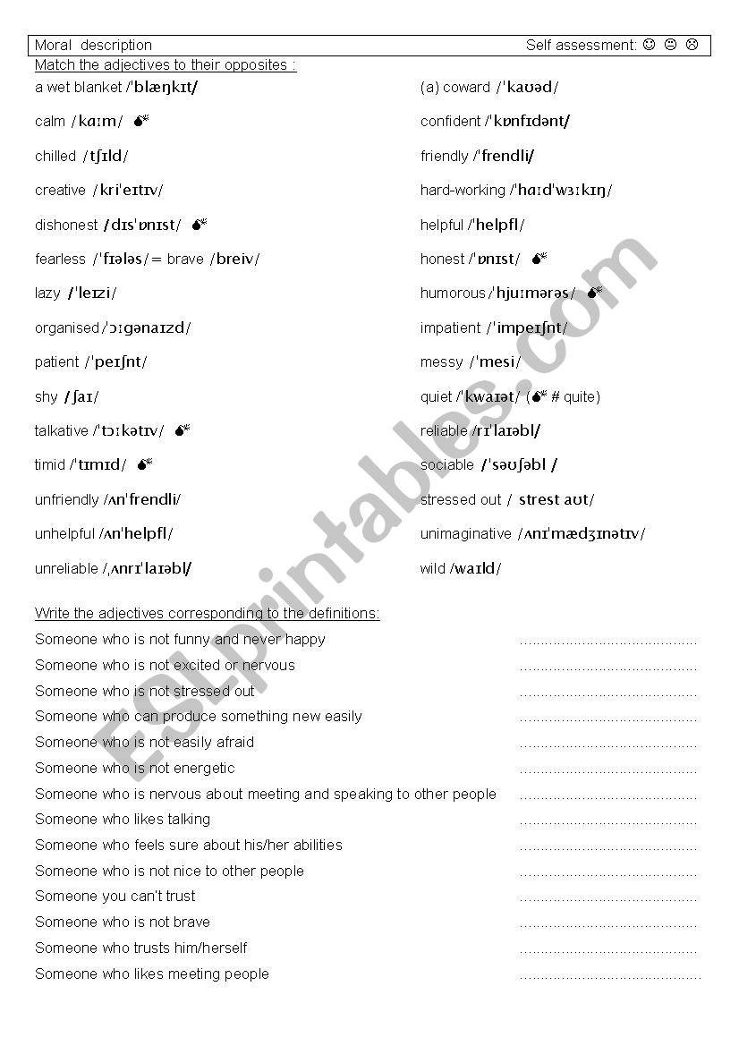 Vocabulary worksheet: moral description / personality adjectives