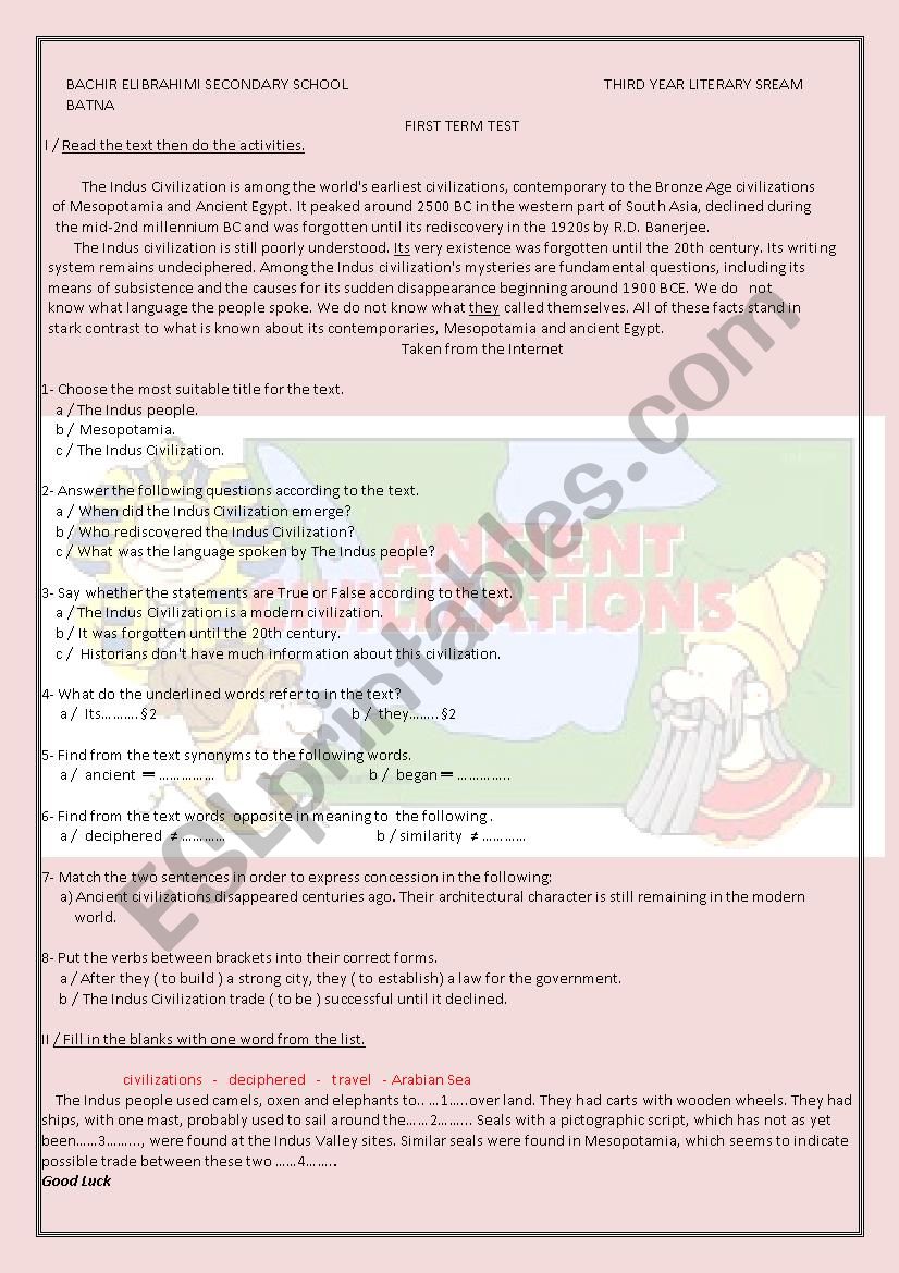 the sumerian civilisation worksheet