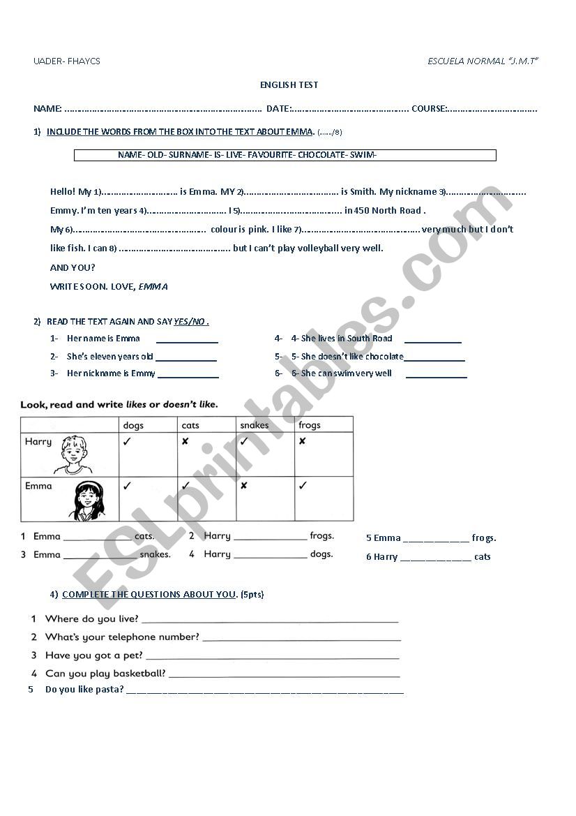 TEST worksheet