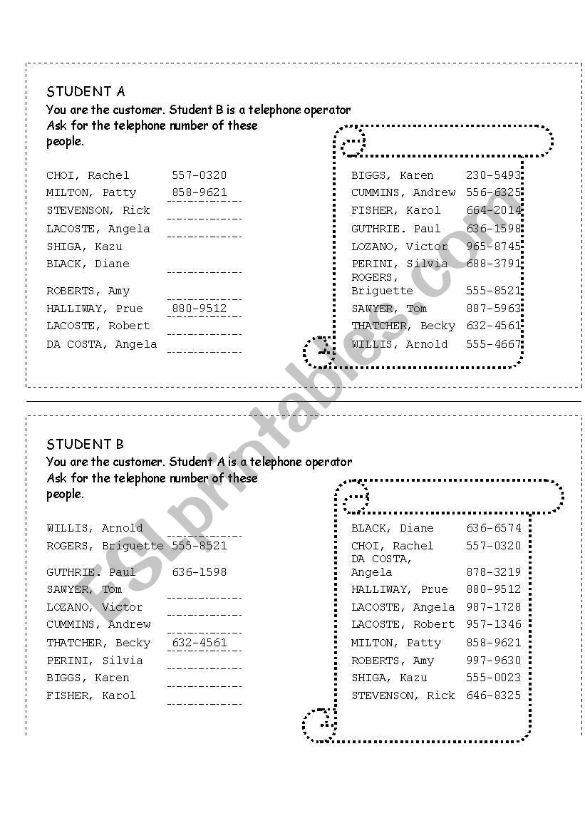 The telephone operator worksheet