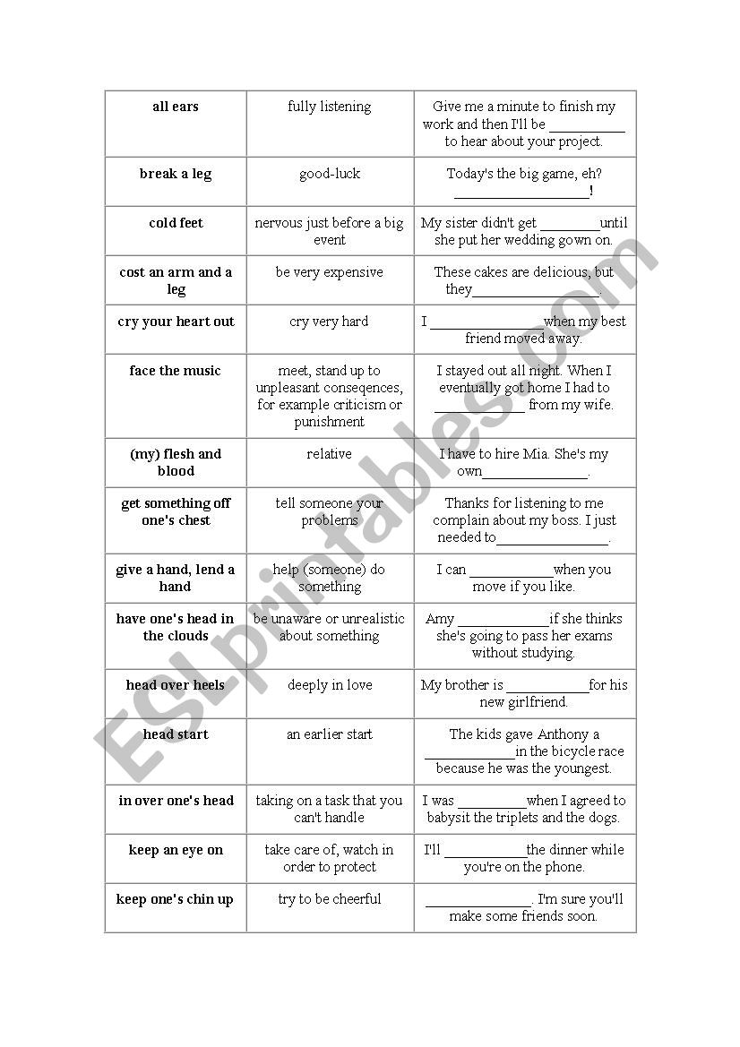 Body idioms worksheet