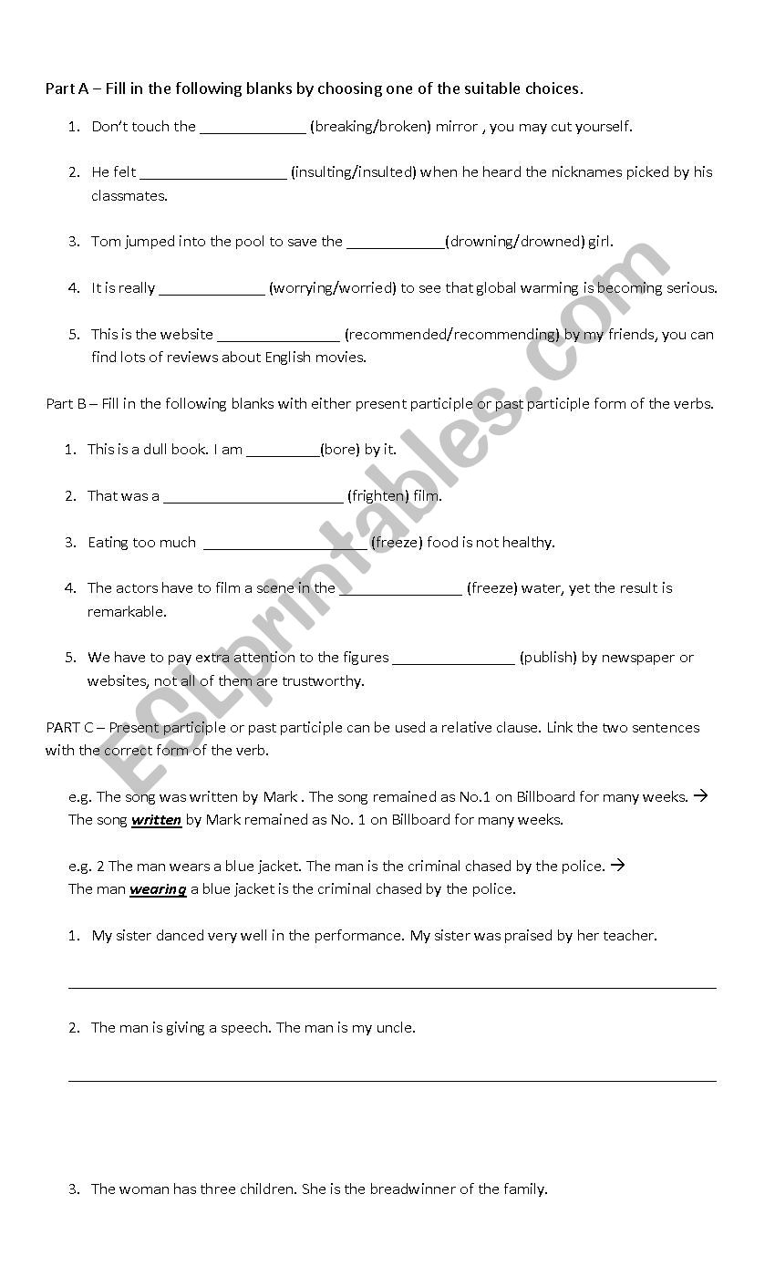 Quiz on participle phrases  worksheet