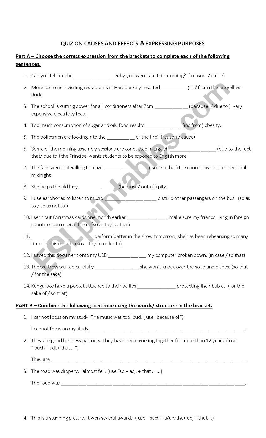 Quiz on cause and effect worksheet