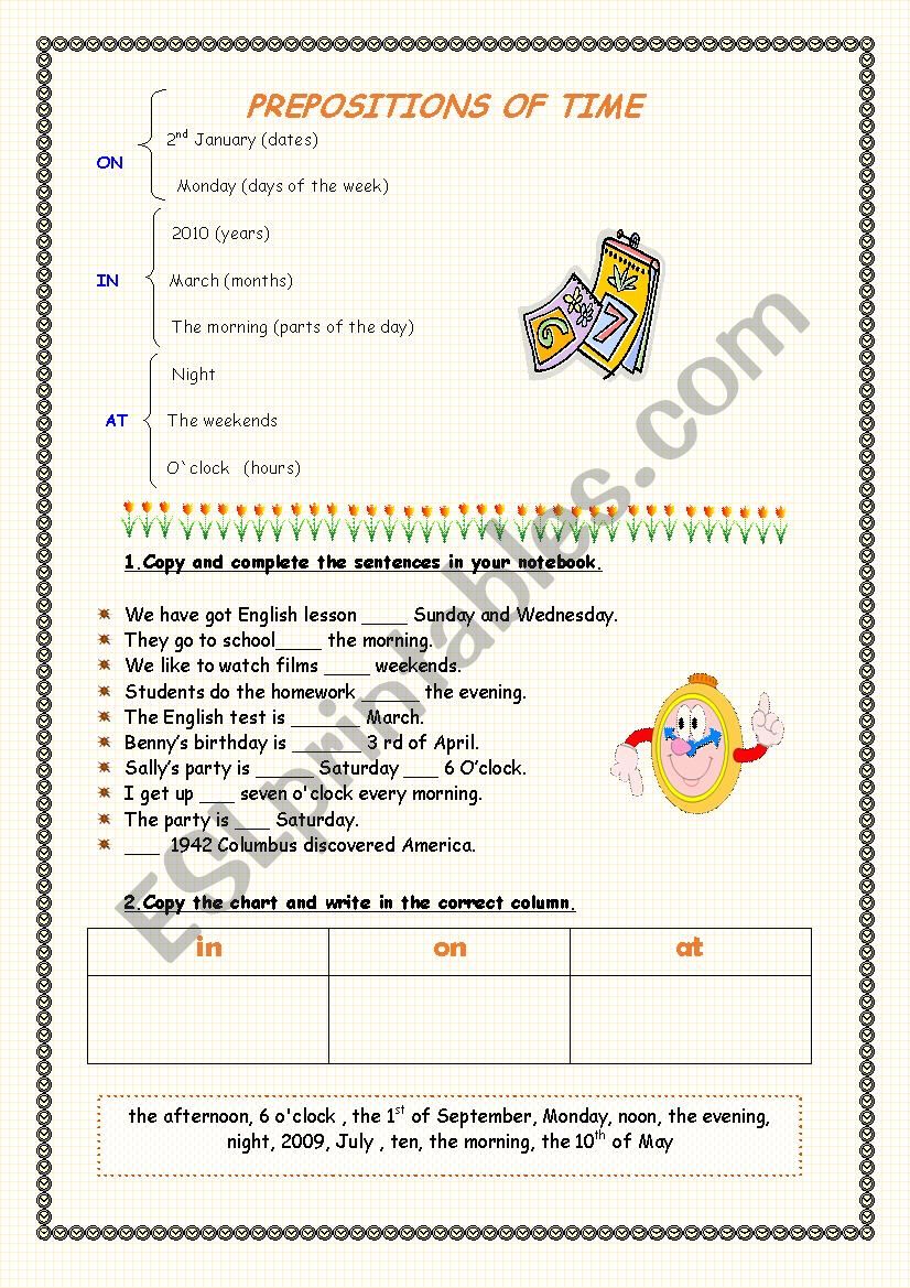 Prepositions of time worksheet