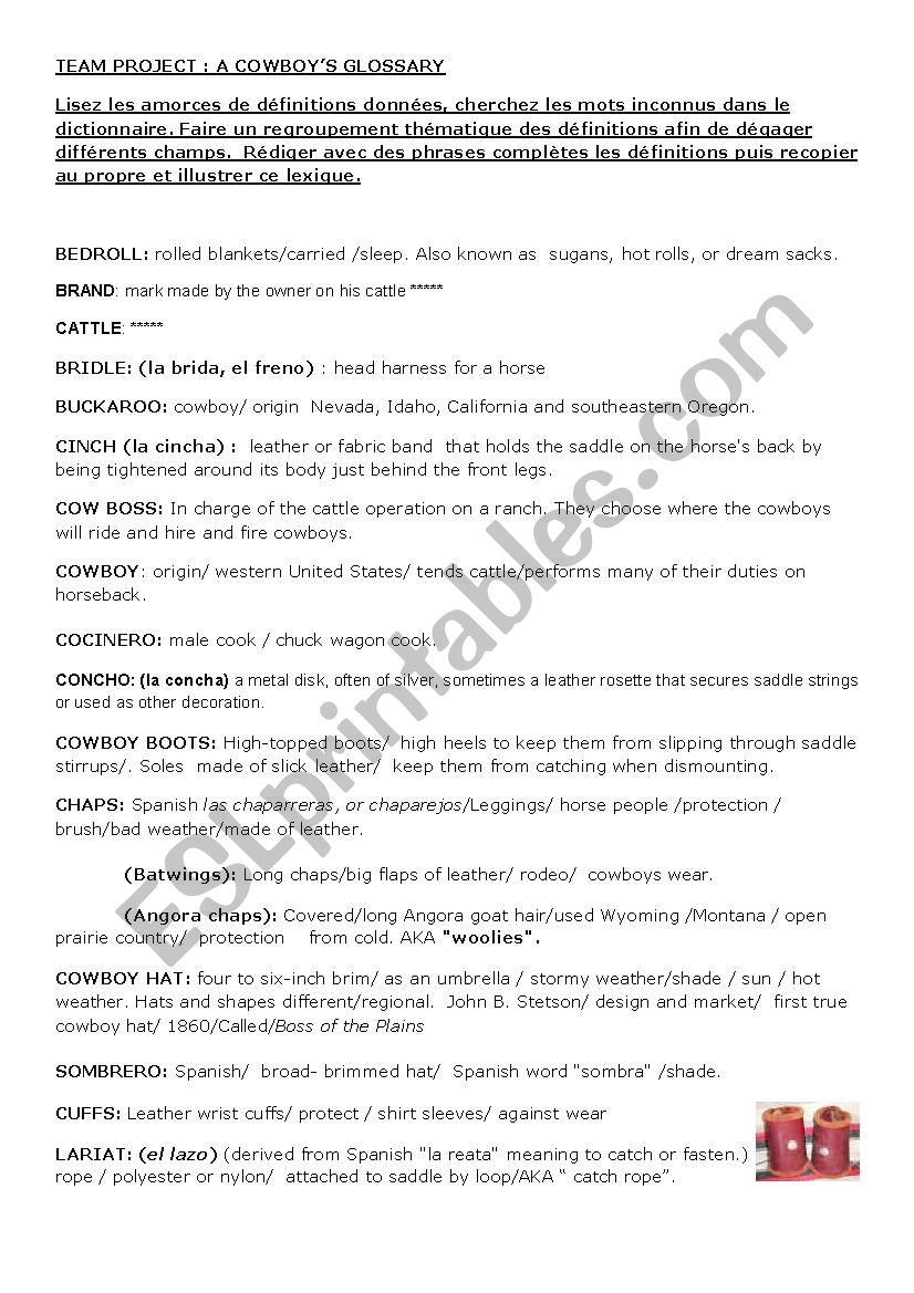 Cowboy illustrated dictionary worksheet