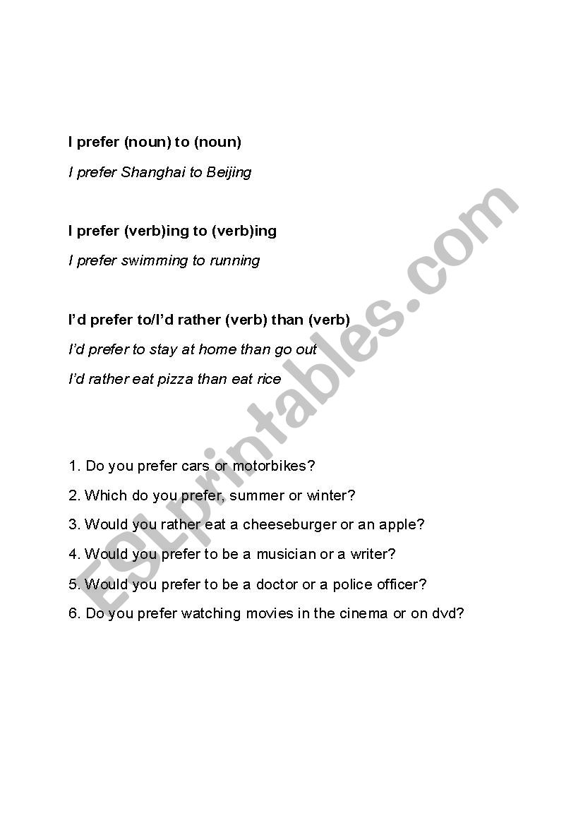 Preferences worksheet