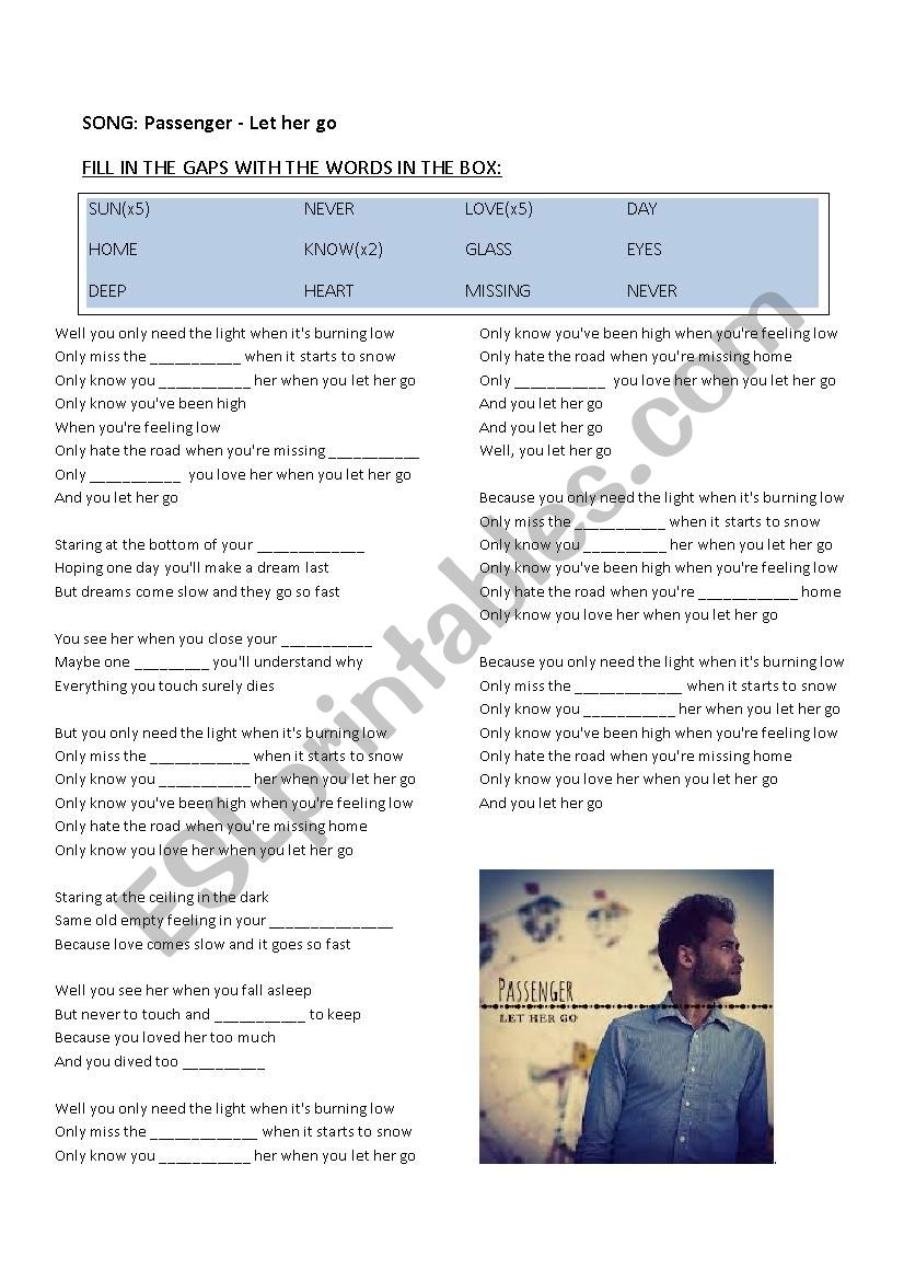 LET HER GO - PASSENGER - SONG worksheet