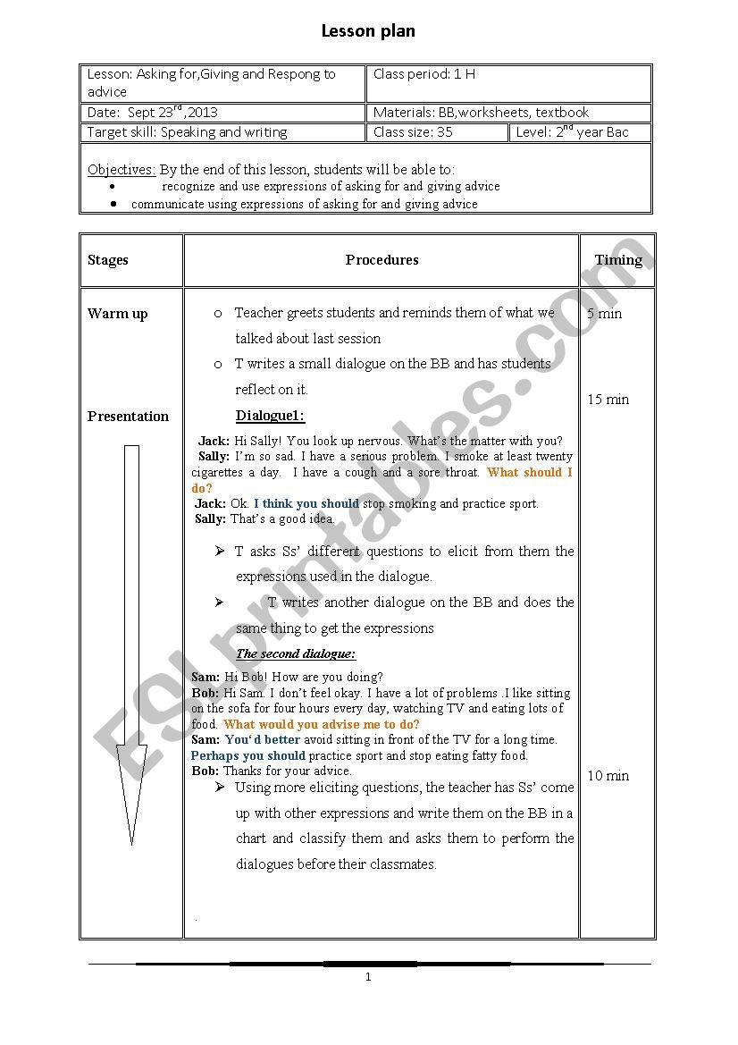 Asking for,giving and responding to advice lesson plan