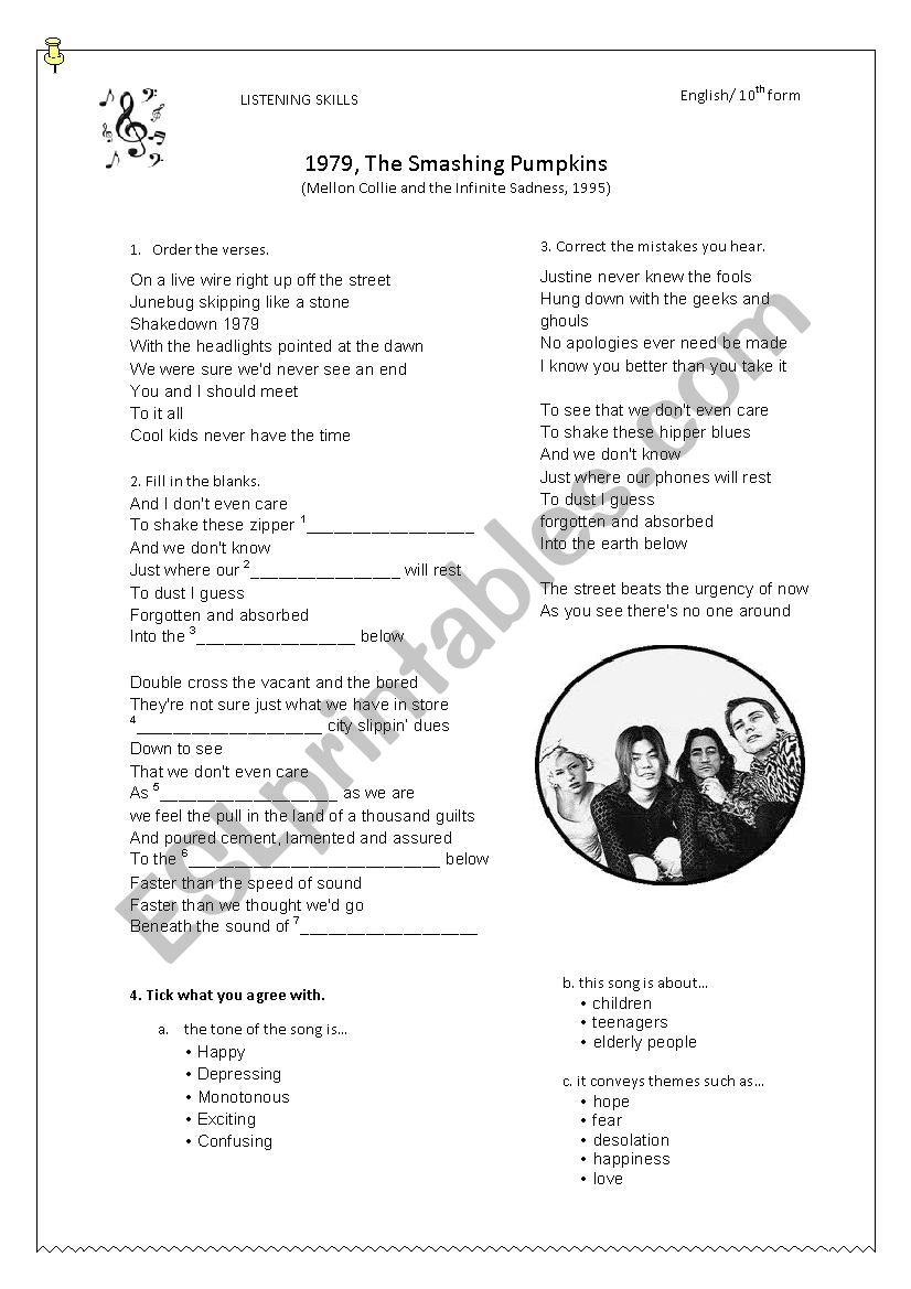 Teens world - song 1979 worksheet