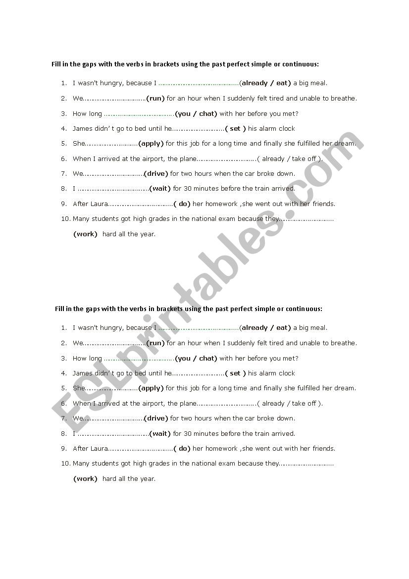 Past perfect exercise worksheet