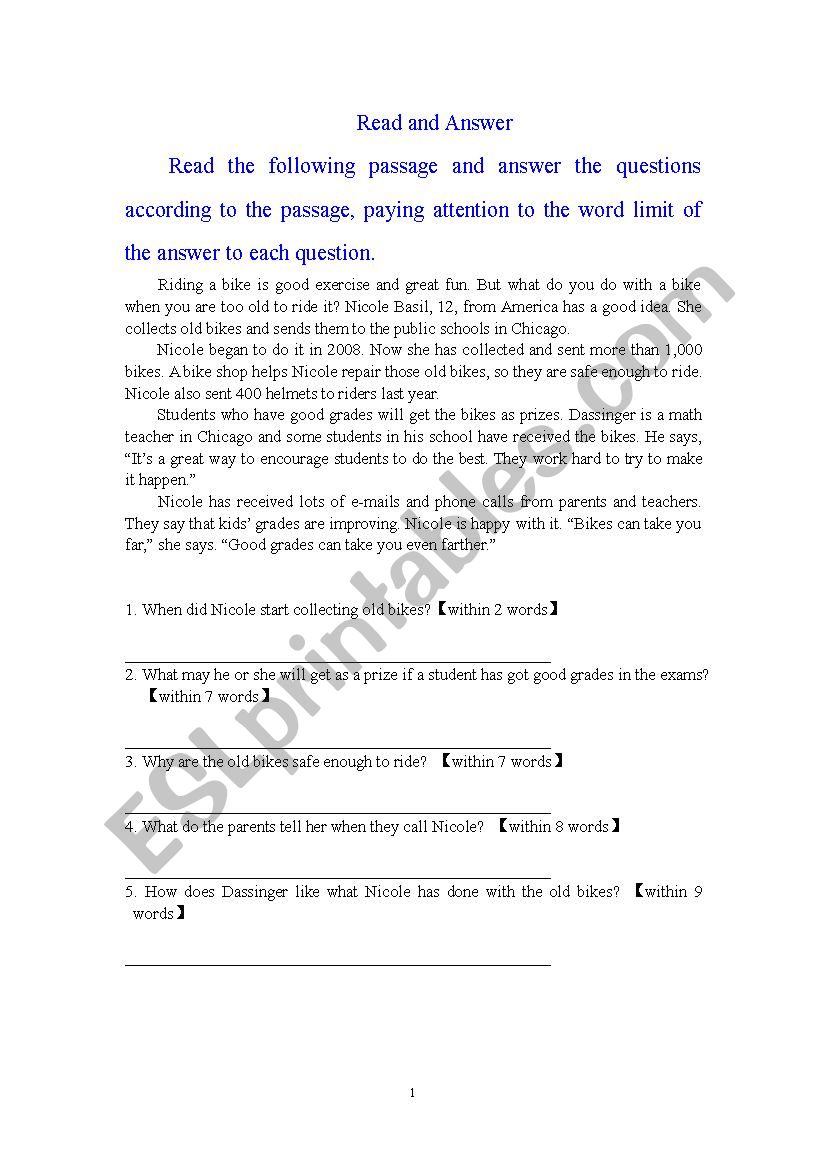 Read and Answer worksheet