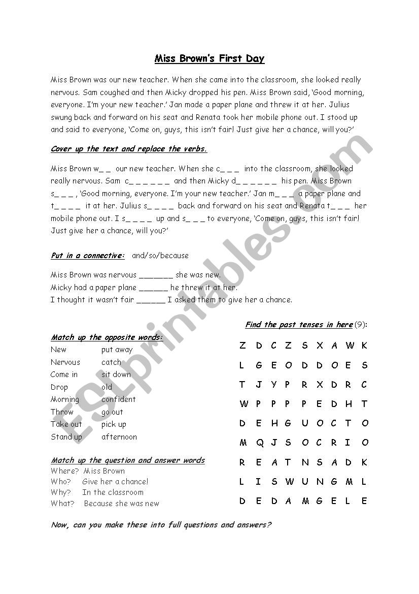 Miss Browns First Day worksheet