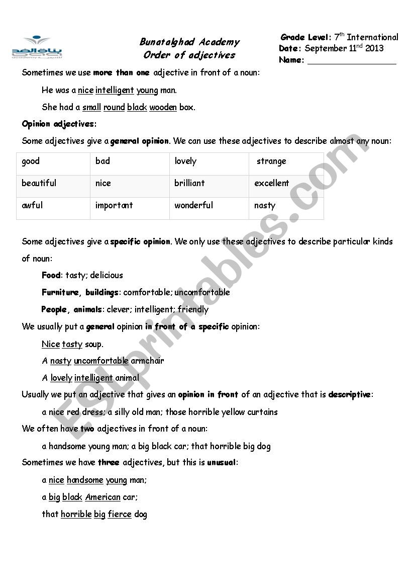 Order of Adjectives worksheet