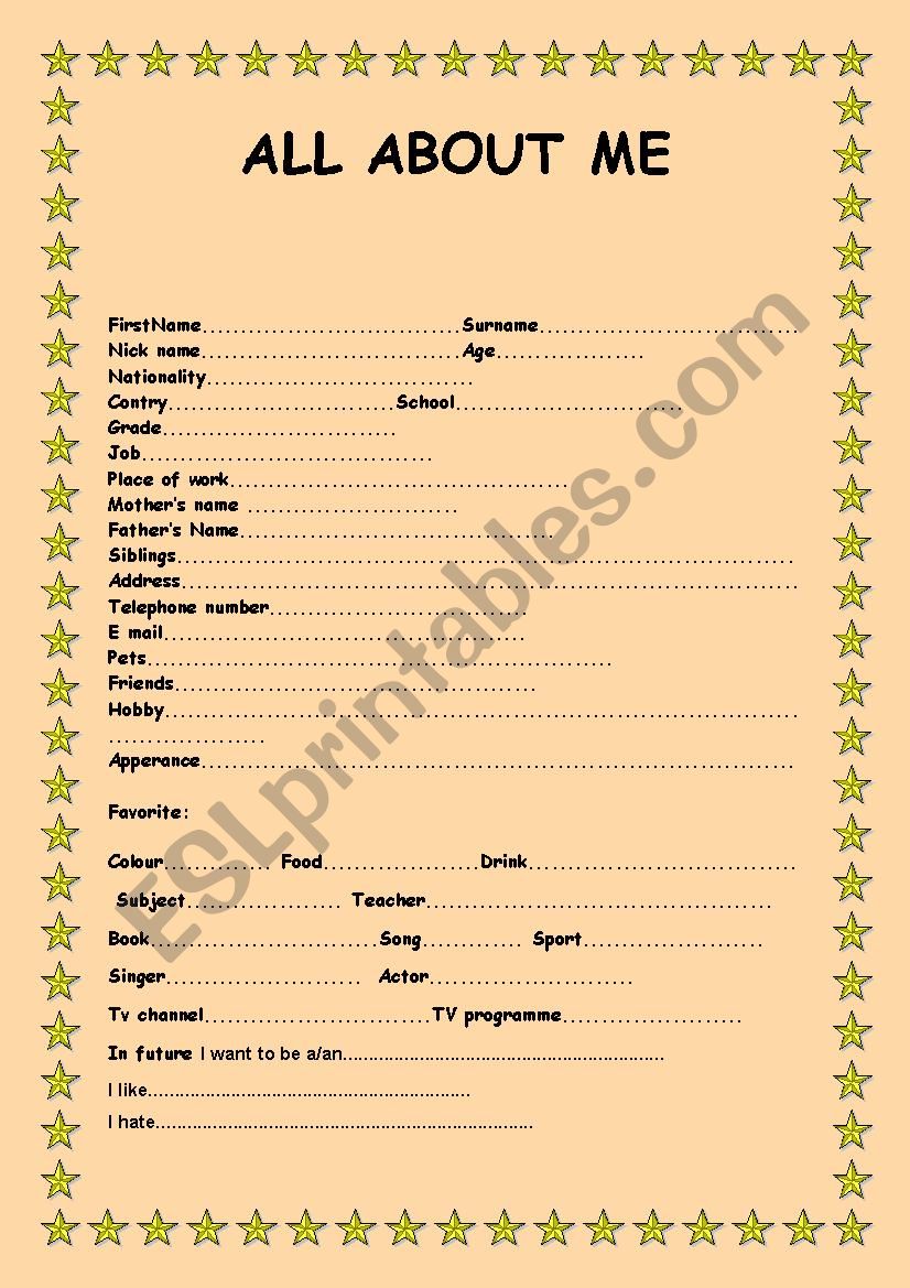 All about me - fill the form  worksheet