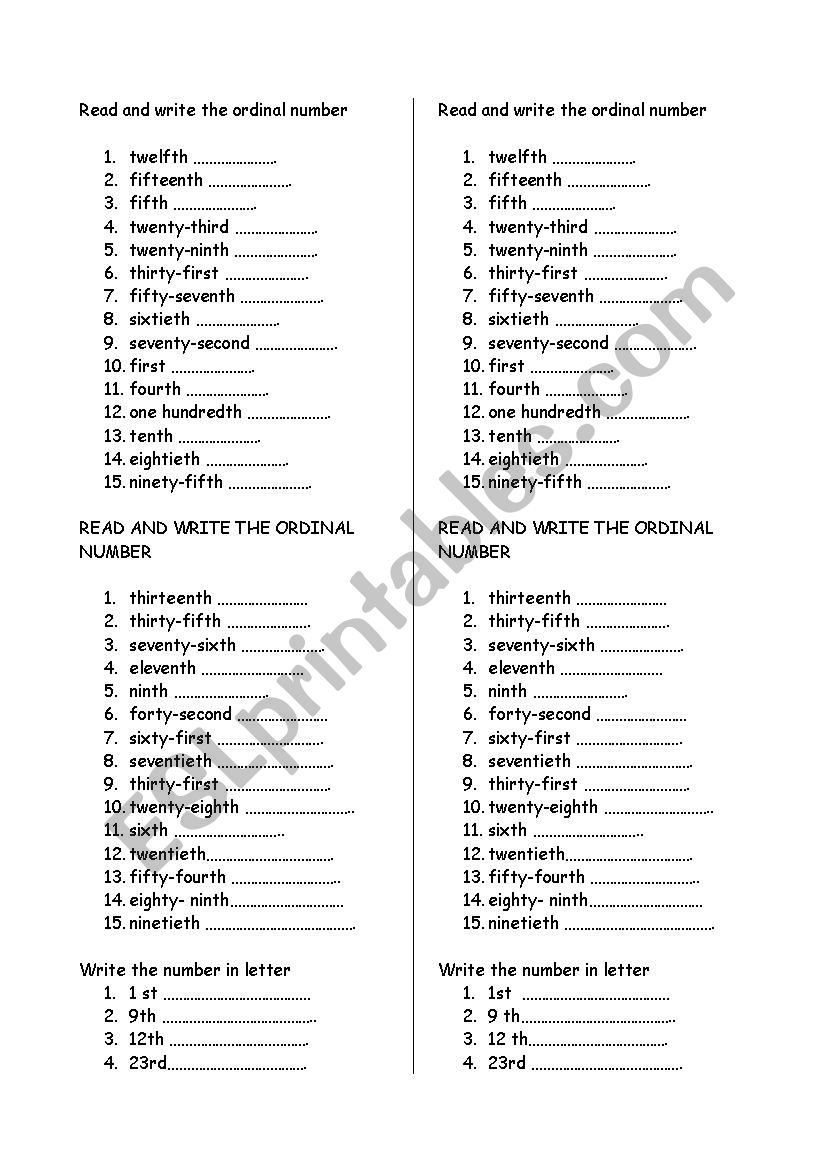 ordinal numbers worksheet