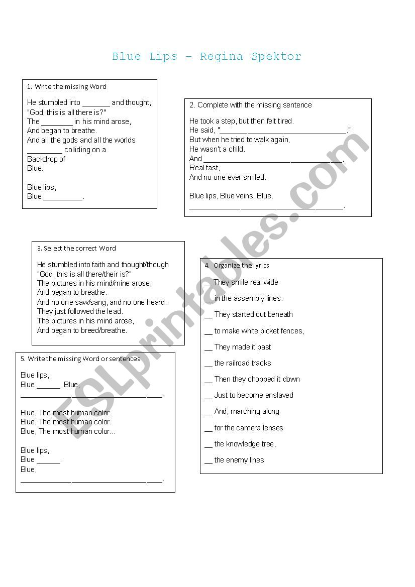 Blue lips song worksheet