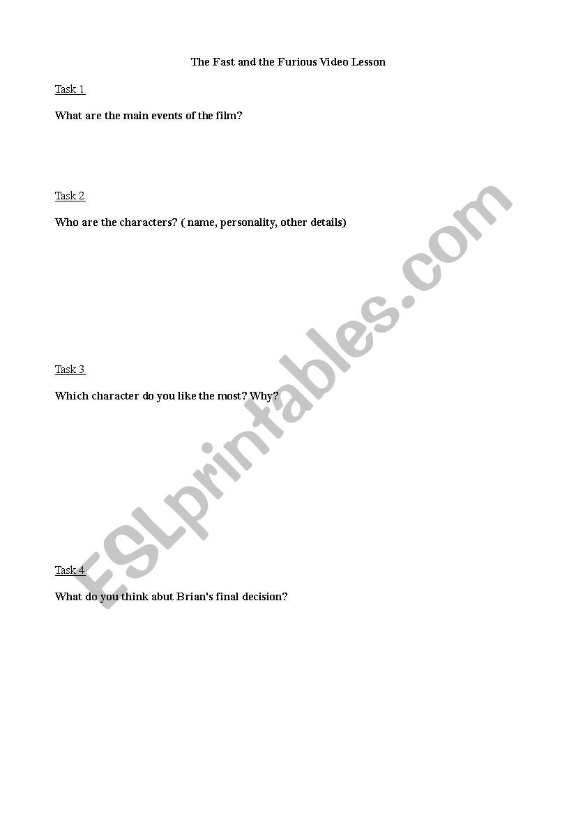 Fast and Furious Video Lesson worksheet