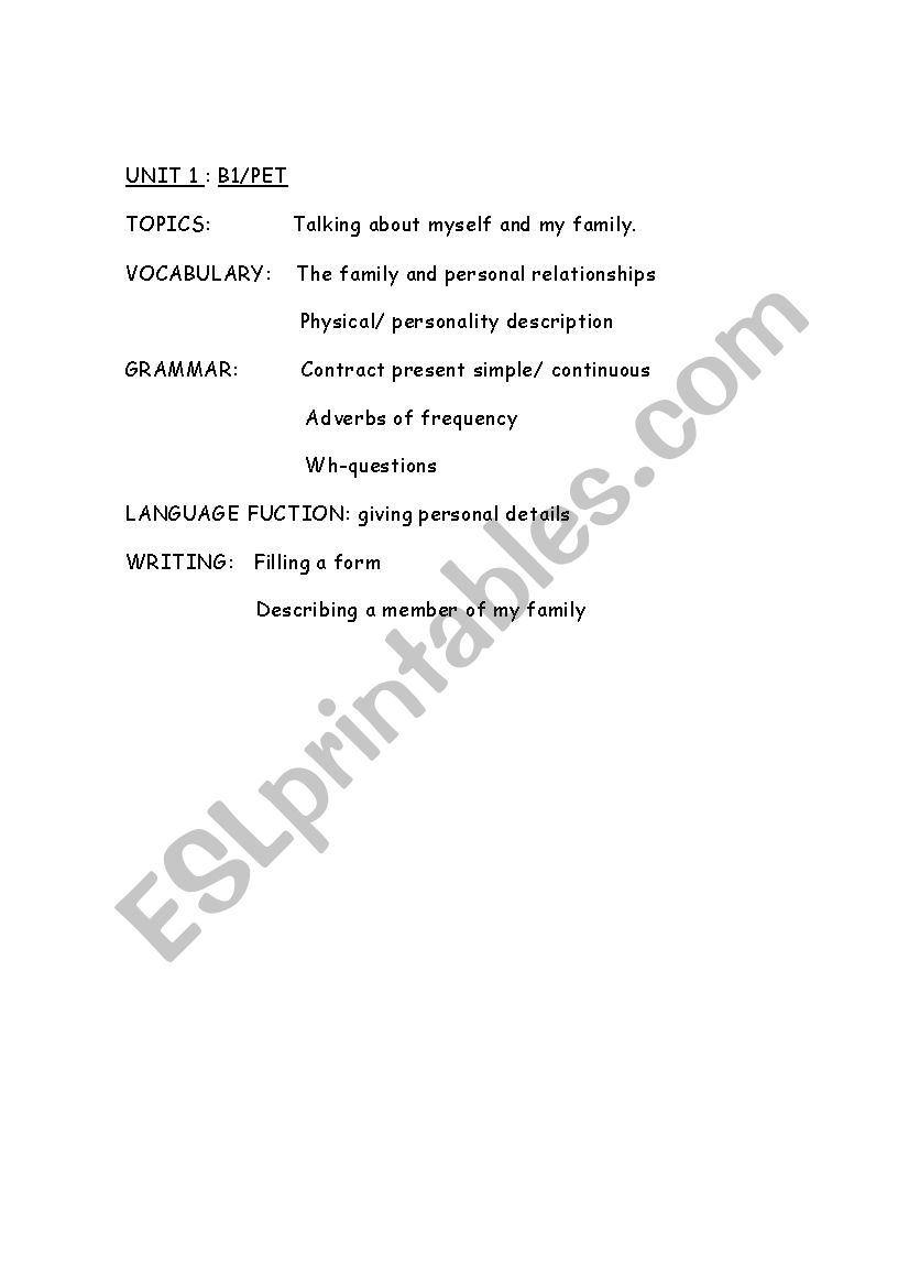 Unit 1. PET/B1 worksheet