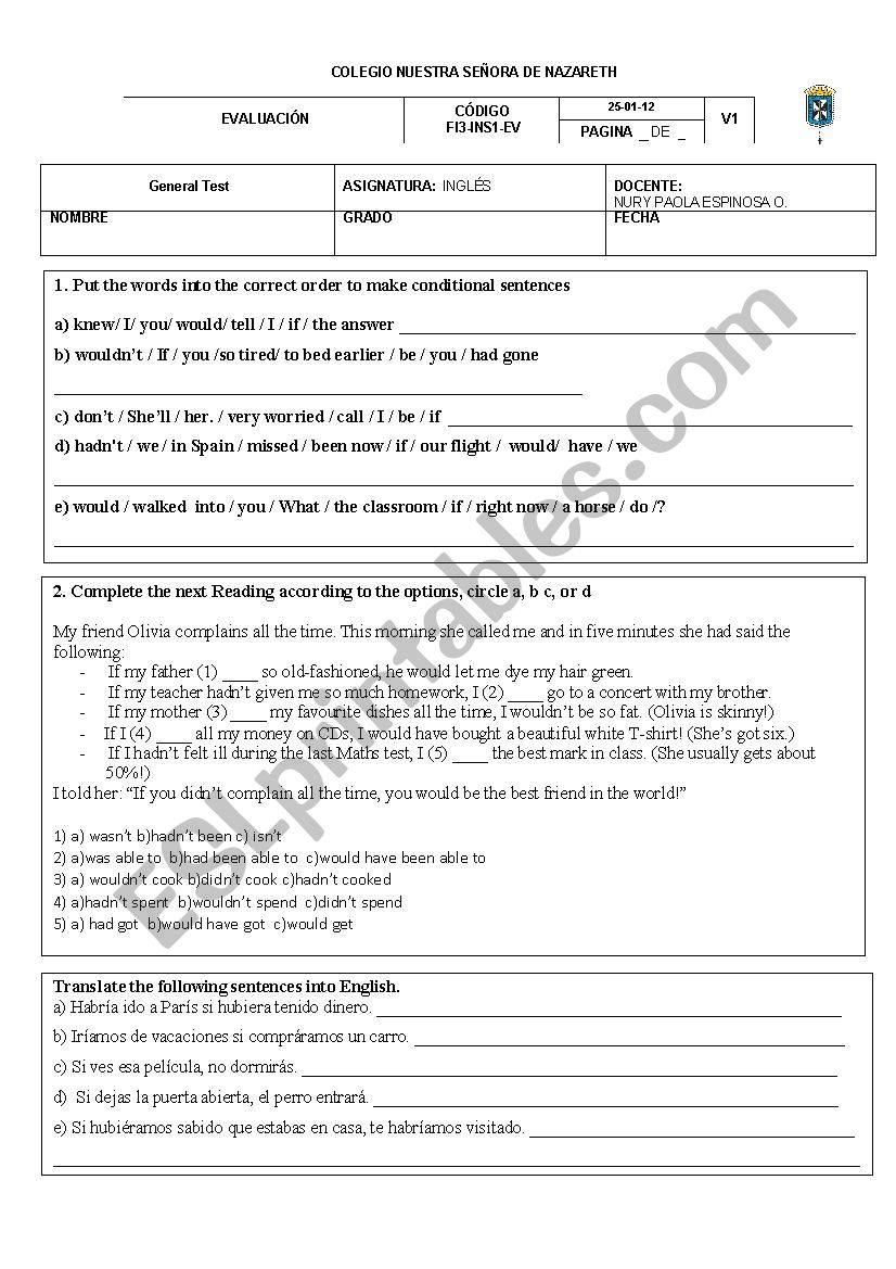 conditionals test worksheet