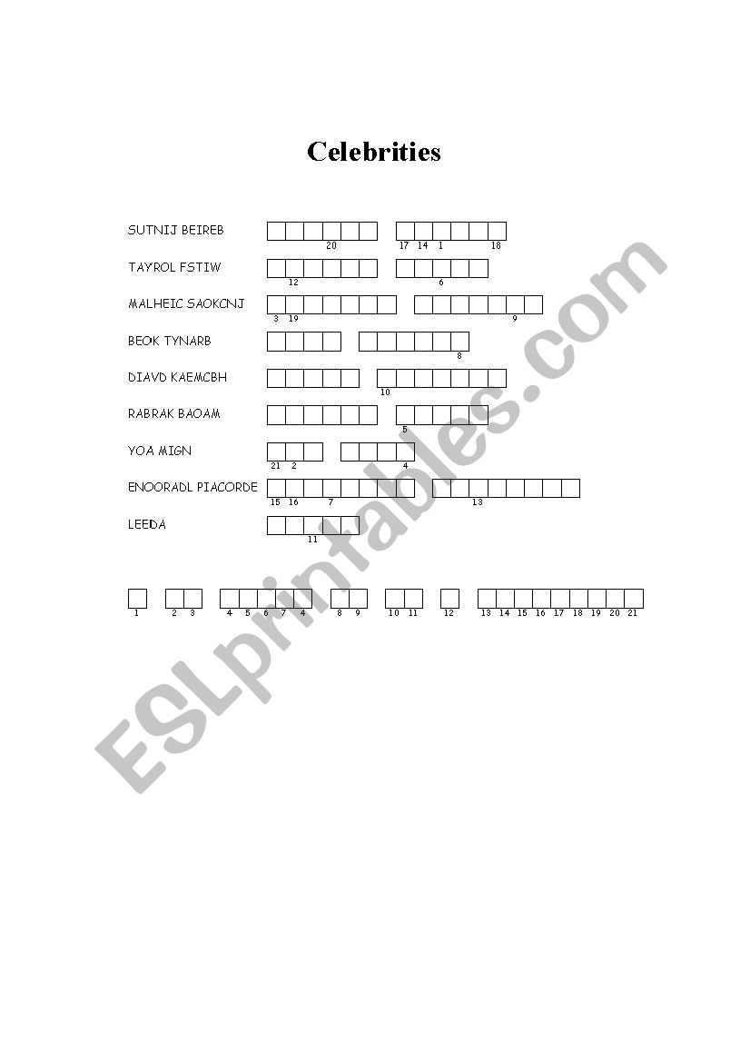 Celebrities worksheet