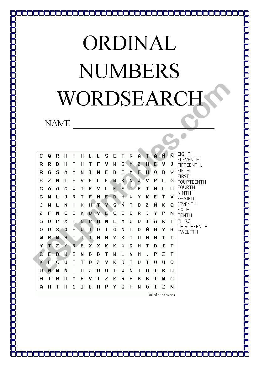 Ordinals Wordsearch worksheet