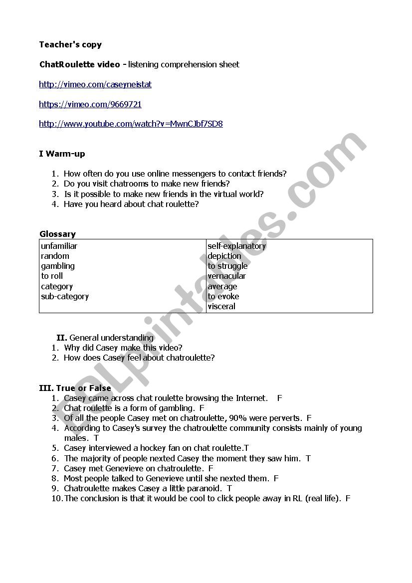 Chatroulette by Casey Neistat (Teacher´s Copy) - ESL worksheet by angielina