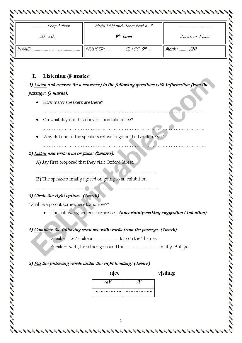 ENGLISH mid- term test n 3 9th form