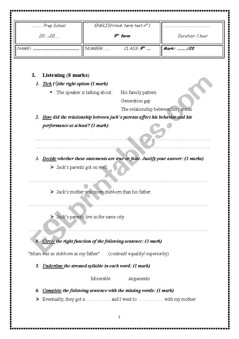 ENGLISH mid- term test n 1 9th form