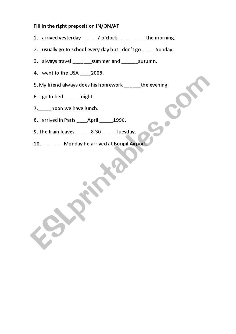 Prepositions AT/ON/IN worksheet