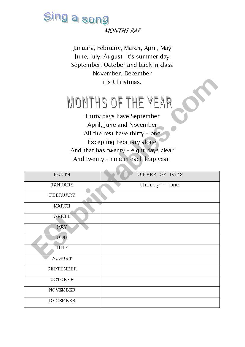 months rap worksheet