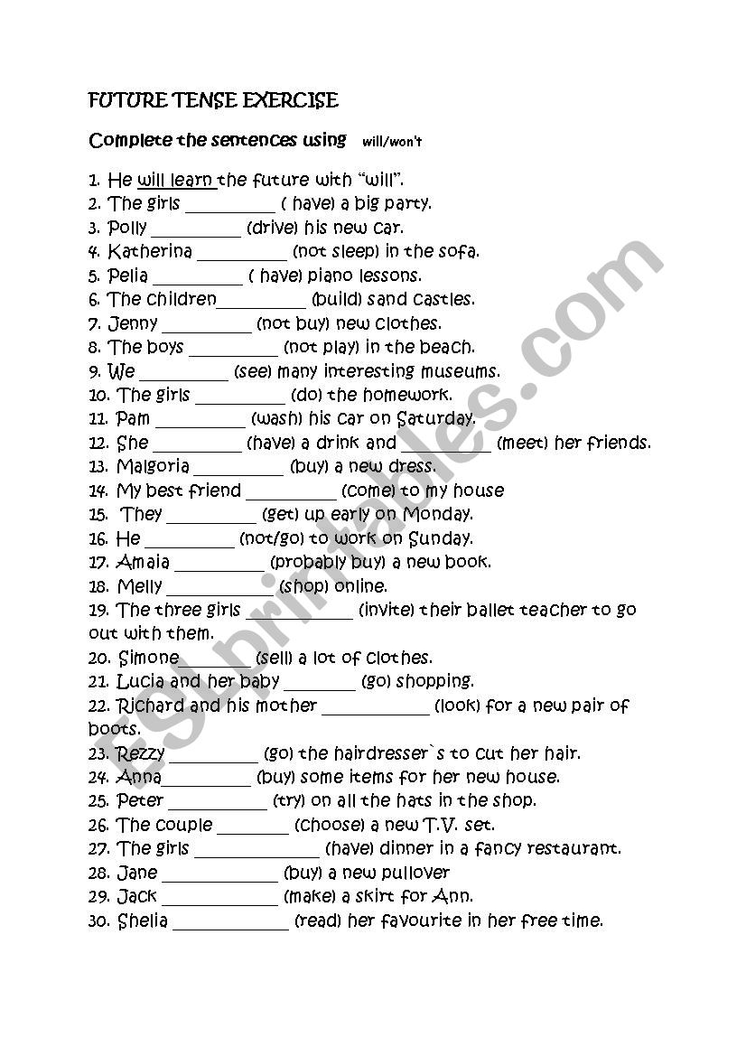 FUTURE TENSE EXERCISE worksheet