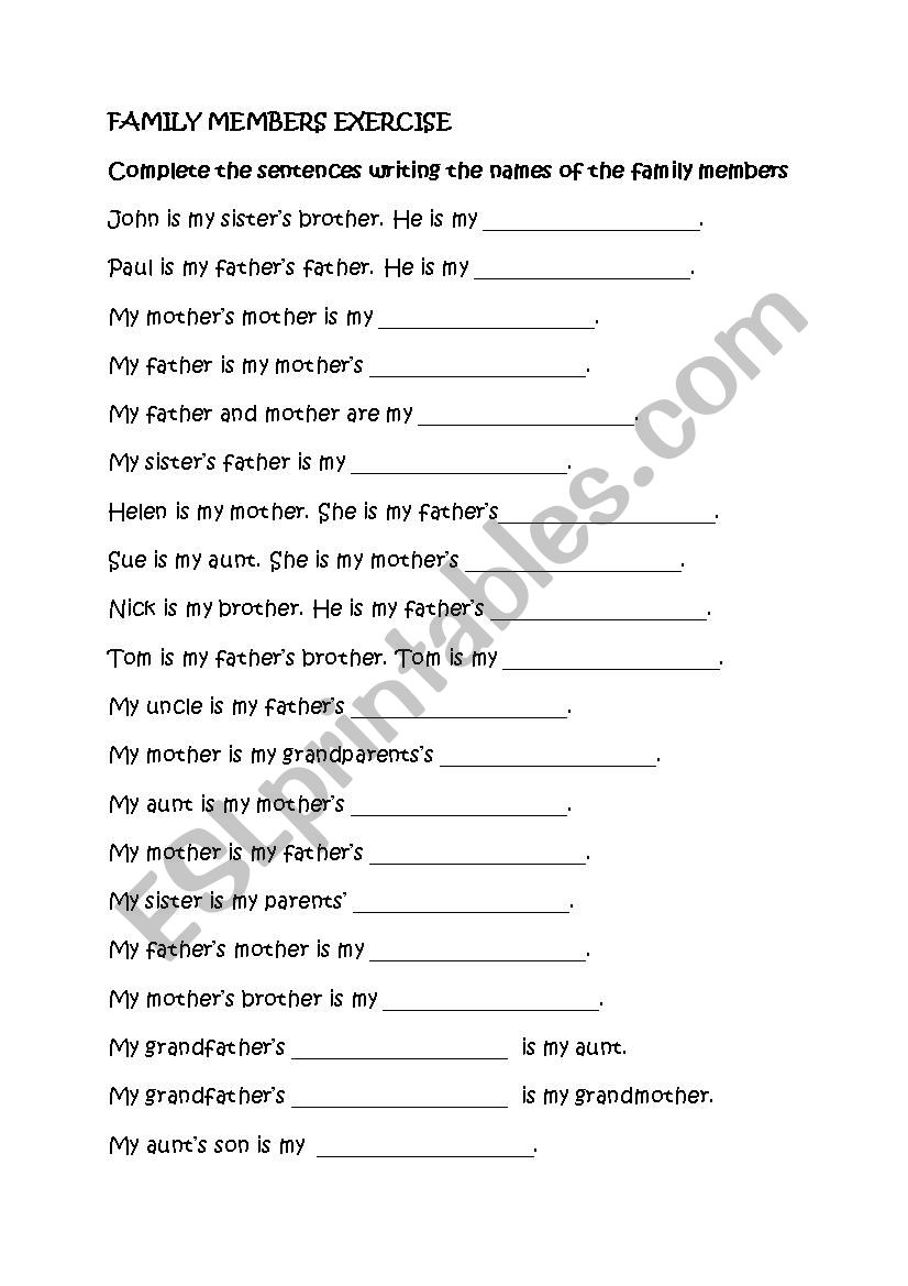 FAMILY MEMBERS EXERCISE worksheet