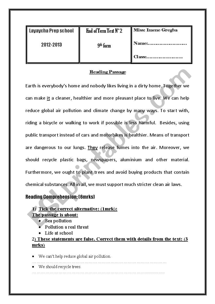 9th end of term test n 2  worksheet