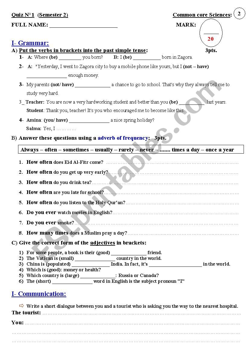 Quiz N1 Semester 2 _ for common core sts (elementary) in Morocco