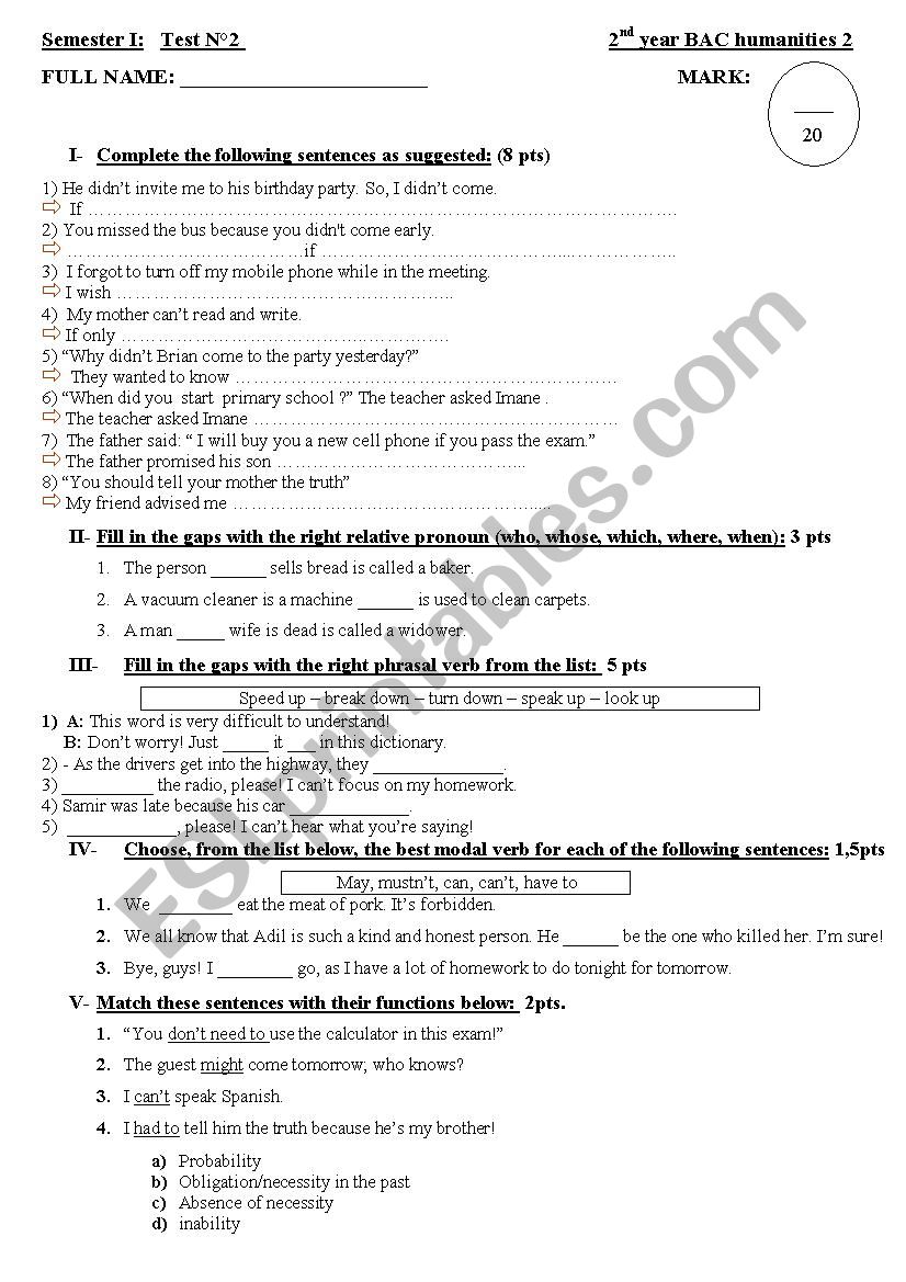 Test N2 _ Class 1 (for  2nd year BAC sts in Morocco)  semester1